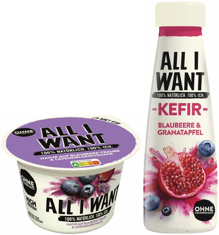 Danone lanciert mit ALL I WANT eine neue Marke ohne Zuckerzusatz in ungewöhnlichen Geschmacksrichtungen / Alle ALL I WANT Produkte tragen ein grünes Nutri-Score &quot;A&quot;. (FOTO)