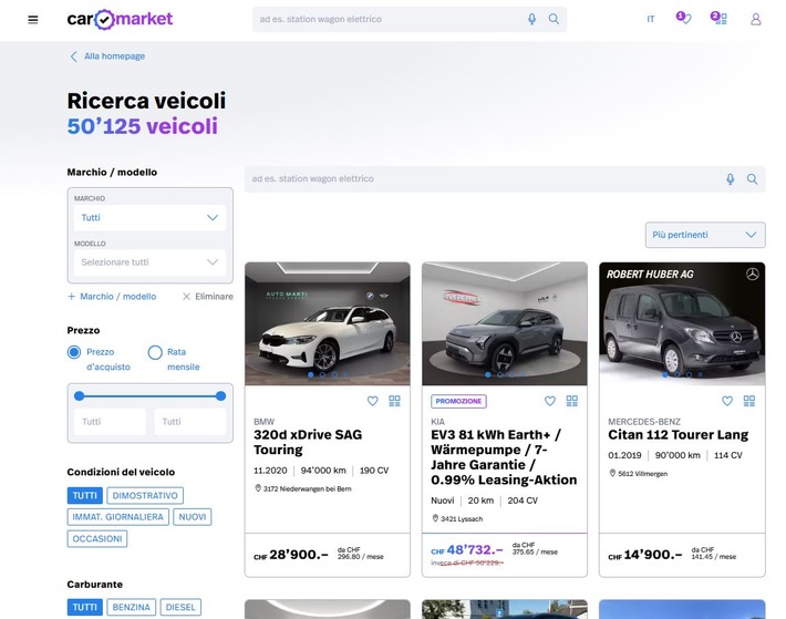 Carmarket supera le 50 000 vetture di qualità elencate / Ampia scelta per i clienti privati svizzeri.