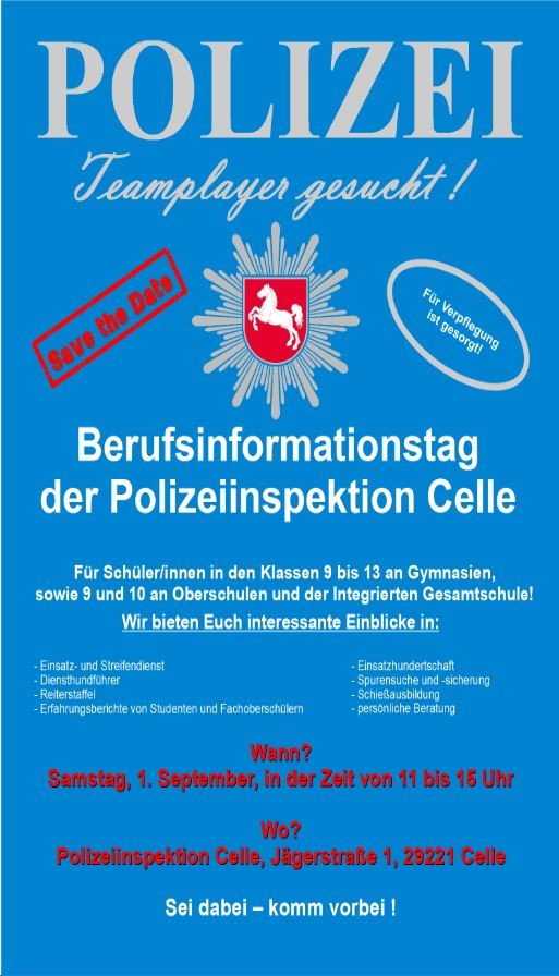 POL-CE: Celle -  Polizei sucht neue Teamplayer! Berufsinfotag für Schüler am Samstag, 01. September 2018 bei der Polizeiinspektion Celle