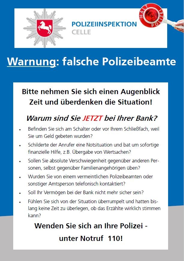 POL-CE: Celle - Polizei warnt mit neu gestalteten Plakaten vor falschen Amtspersonen