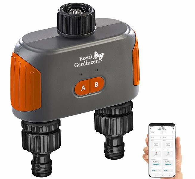 Royal Gardineer Bewässerungscomputer BWC-600.bt mit Bluetooth 5 &amp; Dual-Bewässerungs-Ventil: Zwei Bereiche des Gartens individuell und smart bewässern