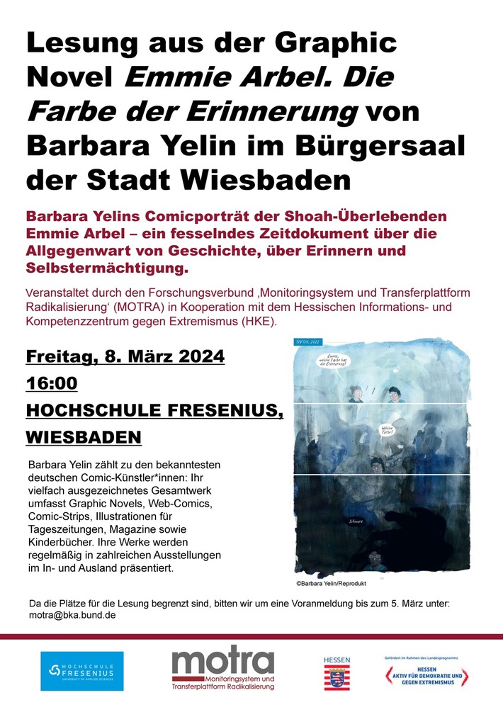 Einladung zur kostenfreien Lesung aus der Graphic Novel „Emmie Arbel. Die Farbe der Erinnerung“ von Barbara Yelin am 8. März im Bürgersaal der Hochschule Fresenius in Wiesbaden