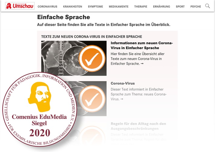 Comenius-EduMedia-Award 2020: Auszeichnung für apotheken-umschau.de mit dem Siegel des europäischen Bildungsmedienpreises