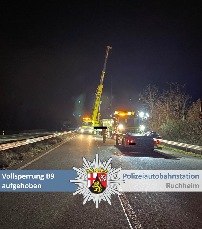 POL-PDNW: Polizeiautobahnstation Ruchheim - Nachtragsmeldung: Vollsperrung der B9 in Fahrtrichtung Speyer aufgehoben