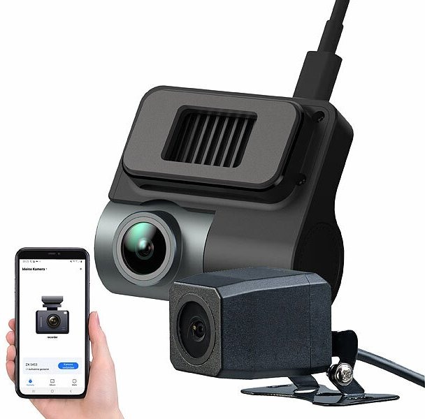 NavGear Kompakte 4K-Dashcam MDV-3000 mit Full-HD-Heckkamera, G-Sensor, Parkwächter, App: Fahrten nach vorne und hinten filmen - mit Live-Bild per App