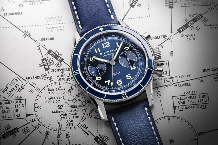 Der neue Flyback-Chronograph Air Command von Blancpain mit blauem Zifferblatt und Titangehäuse / Weiterer Text über ots und www.presseportal.de/nr/109195 / Die Verwendung dieses Bildes ist für redaktionelle Zwecke unter Beachtung ggf. genannter Nutzungsbedingungen honorarfrei. Veröffentlichung bitte mit Bildrechte-Hinweis.