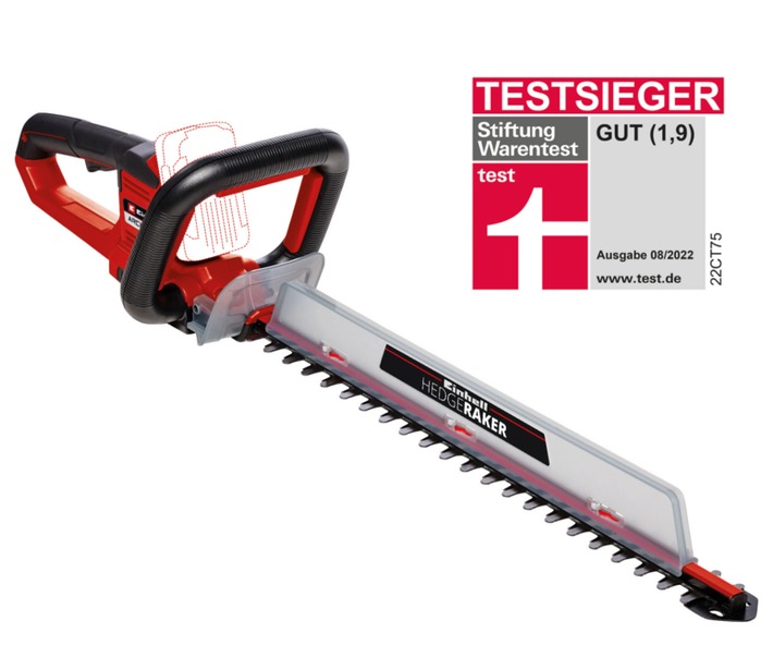 Winner of another independent consumer test by Stiftung Warentest: Cordless hedge trimmer allrounder Einhell ARCURRA 18/55 rated “good” in test
