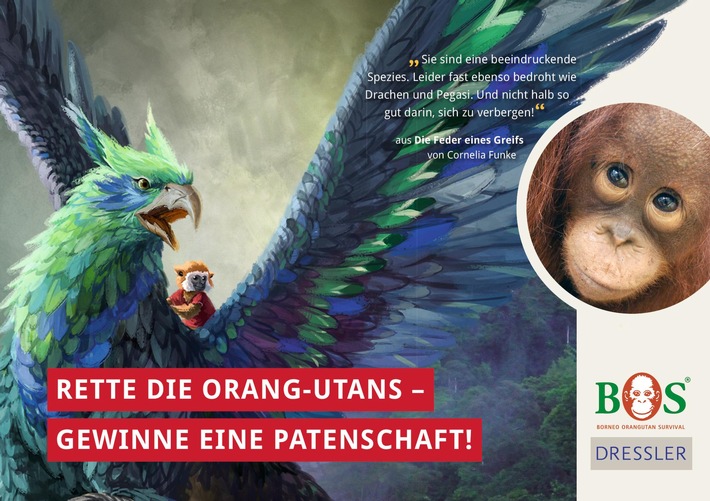 Am 19. August ist Welt-Orang-Utan-Tag / Dressler Verlag kooperiert für Cornelia Funkes &quot;Die Feder eines Greifs&quot; mit BOS Deutschland e.V. - Borneo Orangutan Survival Deutschland