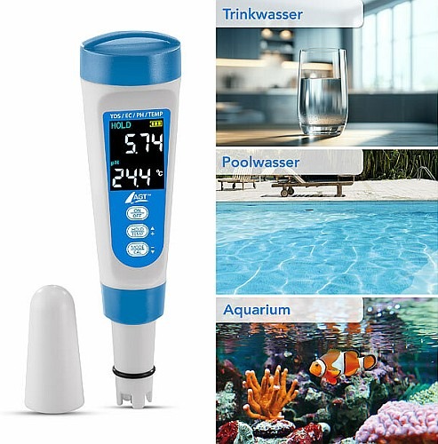 Wasserqualität & -temperatur von Pool, Teich- & Trinkwasser überwachen: AGT Digitales 4in1-Wasserqualitäts-Messgerät, LCD-Display, IP55