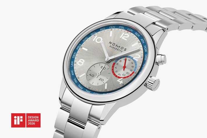 NOMOS Glashütte gewinnt iF Design Award 2026 für Produktdesign / Club Sport neomatik Weltzeit silber überzeugt internationale Jury