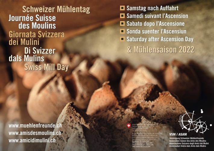 22e Journée des Moulins suisse et saison estivale / L’Association Suisse des Amis des Moulins VSM/ASAM vous invite à la Journée des Moulins le 28 mai 2022. Le thème de cette édition est «Faire du pain, maison des fours et magasin des mouli