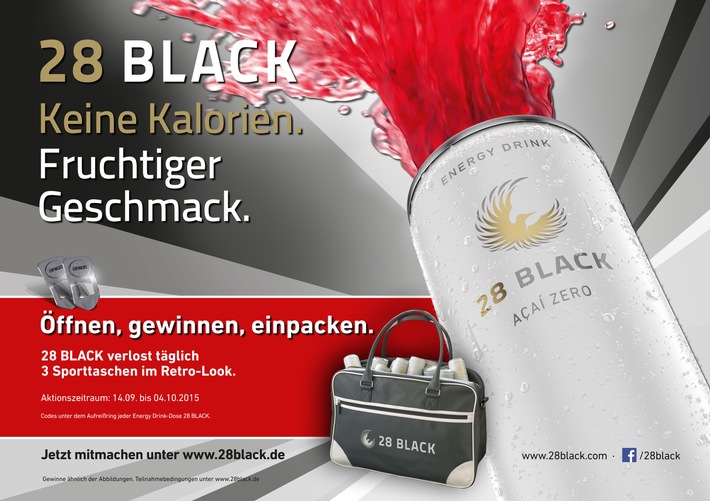 Energie für Fitnessbewusste: Sporttasche gewinnen mit 28 BLACK Zero / Energy Drink 28 BLACK startet Handelspromotion mit neuem Deckelcode-Gewinnspiel (FOTO)