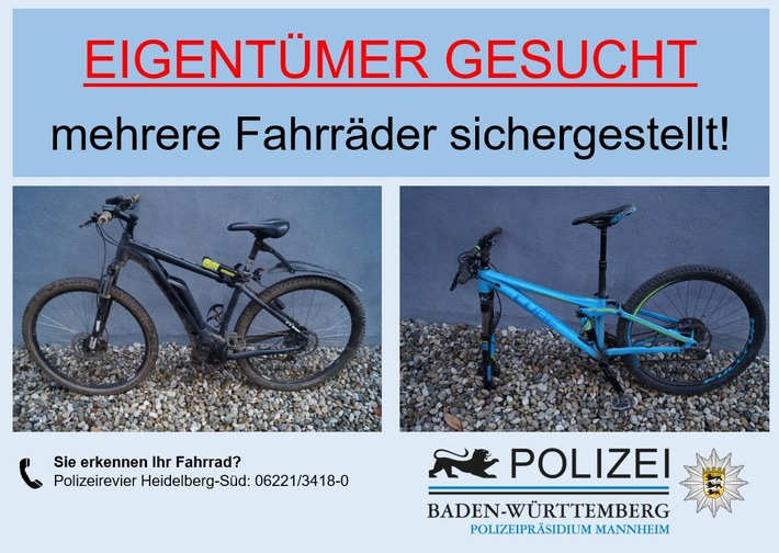 POL-MA: Heidelberg-Süd: Fahrräder sichergestellt - Eigentümer gesucht