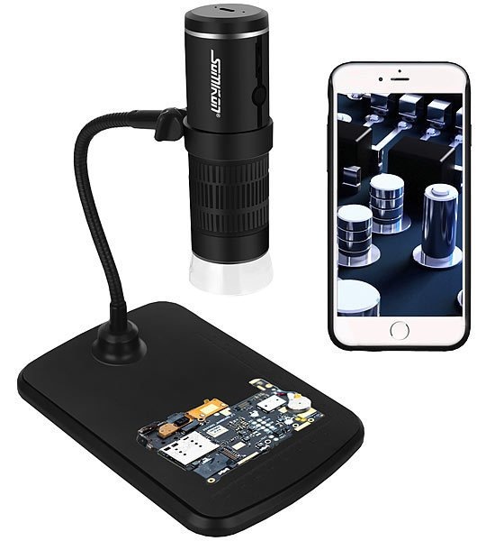 Somikon WLAN-Full-HD-Hand-Mikroskop DM-350, Akku, 1000-fache Vergrößerung, App, 8 LEDs: Objekte stark vergrößert ansehen und per App übertragen