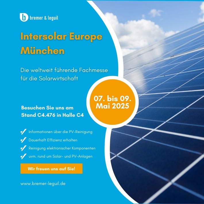 Maximale Erträge durch regelmäßige Reinigung der Photovoltaikanlage - Bremer & Leguil informiert auf der Intersolar München über innovativen Photovoltaikreiniger Rivolta P.H.C.