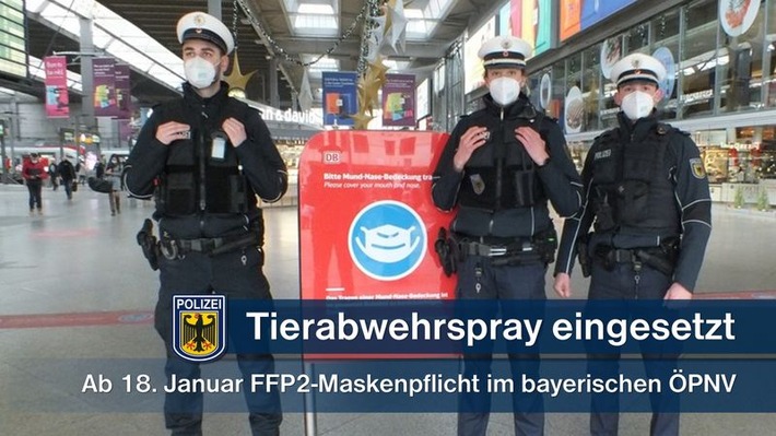Bundespolizeidirektion München: Nach Maskenstreit Tierabwehrspray eingesetzt: Körperliche Auseinandersetzung und Beleidigung in der S-Bahn bzw. am Bahnsteig wegen nicht korrekt sitzender Mund-Nasen-Bedeckung