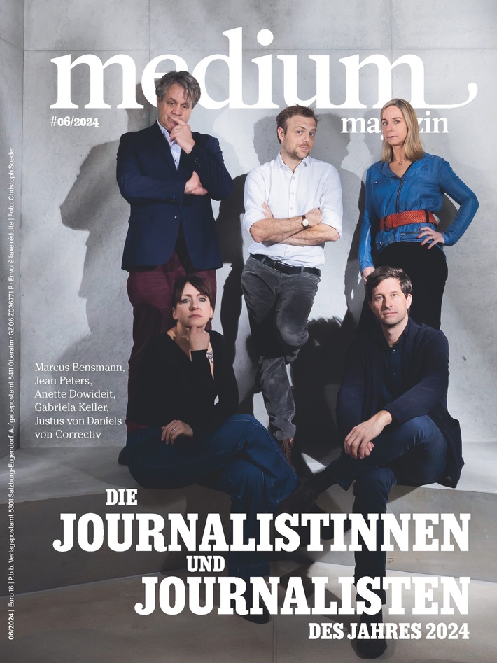 Die &quot;Journalistinnen und Journalisten des Jahres 2024&quot;: Marcus Bensmann, Justus von Daniels, Anette Dowideit, Gabriela Keller und Jean Peters von Correctiv