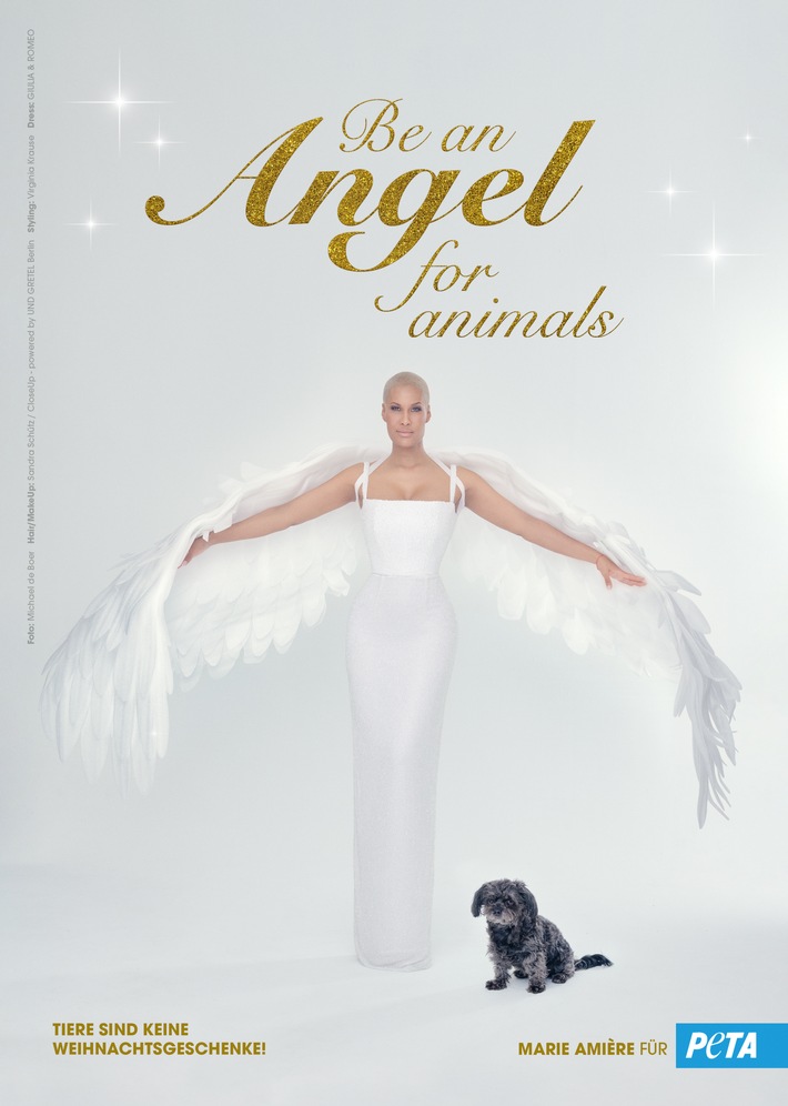 Marie Amière ist ein "Angel for Animals"- Tierfreundin zeigt sich auf neuem PETA-Motiv mit riesigen Flügeln und bittet: "Keine Tiere unterm Weihnachtsbaum!"