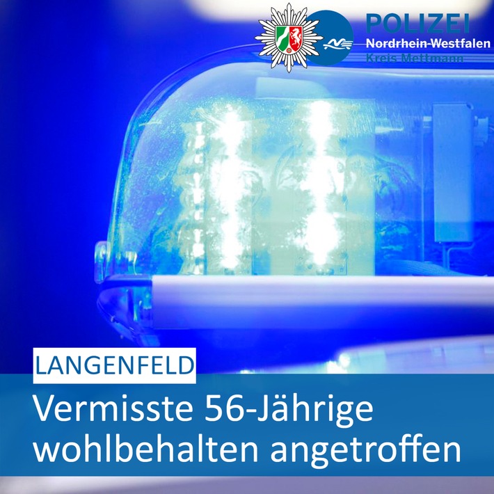 POL-ME: Suchmaßnahmen nach vermisster Frau erfolgreich abgeschlossen - Langenfeld - 2205125