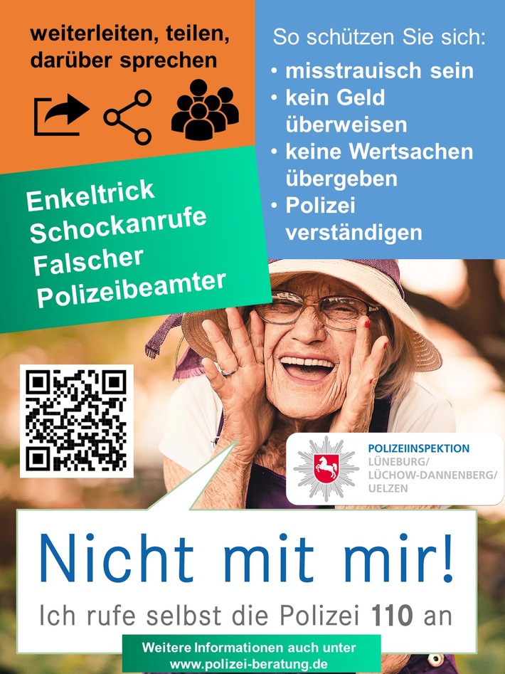 POL-LG: ++ Seniorin händigt angebliche Kaution in Höhe von mehreren zehntausend Euro an Haustür aus ++ &quot;Achtung, Achtung, Achtung! -&gt; Schockanrufe &amp; falsche Polizeibeamte!&quot; ++ die Prävention wirkt, aber ...