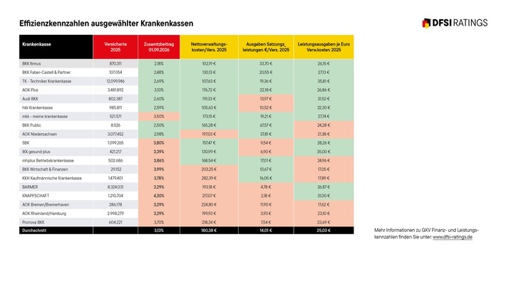 DFSI - Effizienzkennzahlen ausgewählter Krankenkassen / Weiterer Text über ots und www.presseportal.de/nr/115029 / Die Verwendung dieses Bildes für redaktionelle Zwecke ist unter Beachtung aller mitgeteilten Nutzungsbedingungen zulässig und dann auch honorarfrei. Veröffentlichung ausschließlich mit Bildrechte-Hinweis.