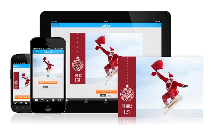 Echte Weihnachtskarten per Smartphone versenden / Individuelle Grüße zum Fest der Liebe - Pixum Instacard App für iPhone, iPad und Android-Geräte (BILD)