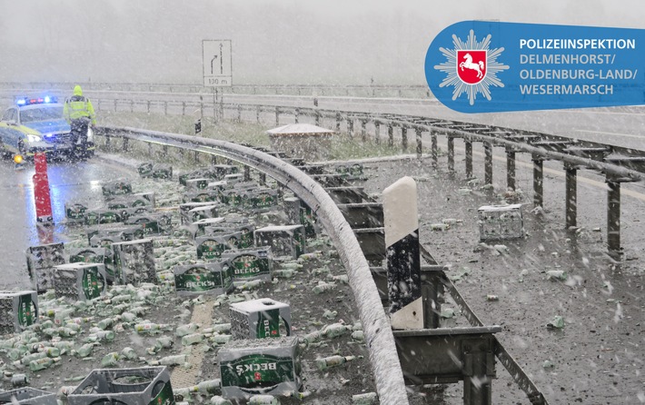 POL-DEL: Autobahnpolizei Ahlhorn: Sattelzug verunfallt im Autobahndreieck Stuhr und verliert 55 Bierkisten mit Leergut +++ Fahrzeugführer flüchtet +++ Zeugenaufruf