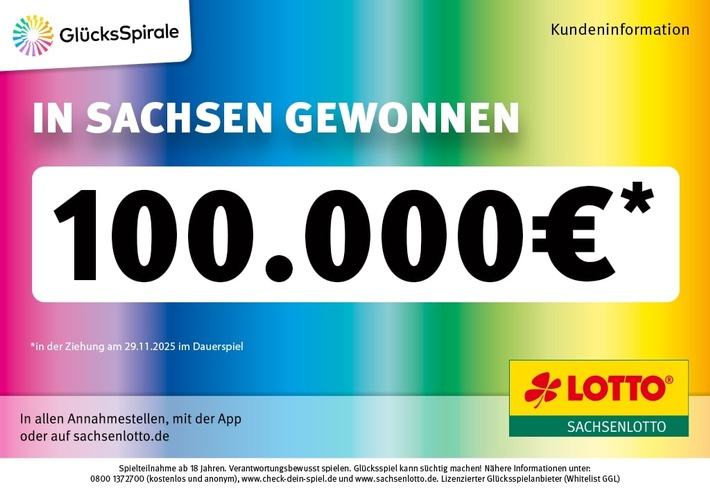 100.000 Euro bei GlücksSpirale: Spieler aus Mittelsachsen gewinnt im Dauerspiel
