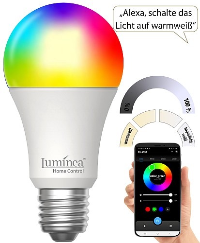 Matter-kompatible E27 LED-Lampe: ​Luminea Home Control Smarte WLAN-LED-Lampe LAV-400.rgbw, E27, Matter-kompatibel, RGB, CCT, 806 Lumen