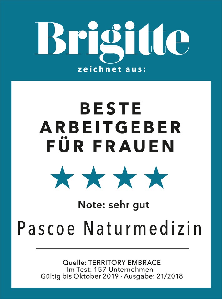 "Beste Arbeitgeber für Frauen" - Pascoe Naturmedizin von der Frauenzeitschrift BRIGITTE ausgezeichnet