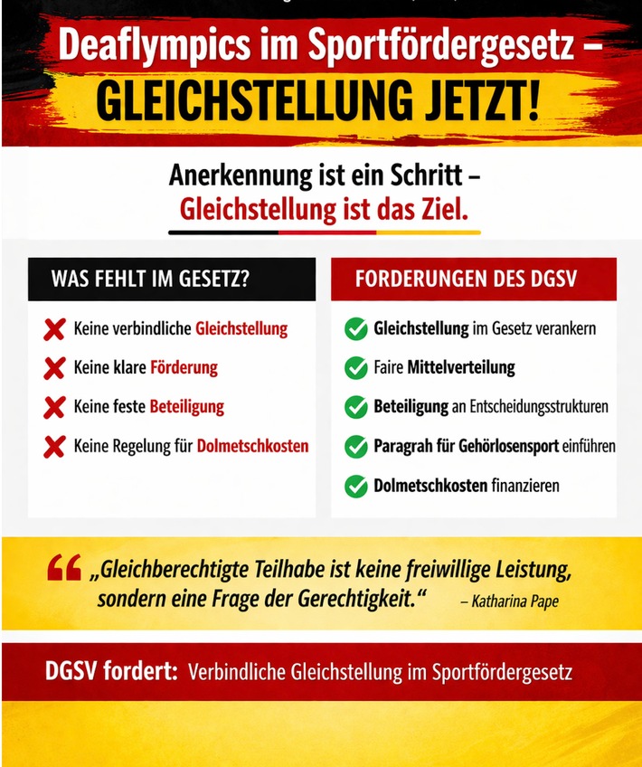 Deaflympics im Sportfördergesetz - DGSV fordert verbindliche Gleichstellung