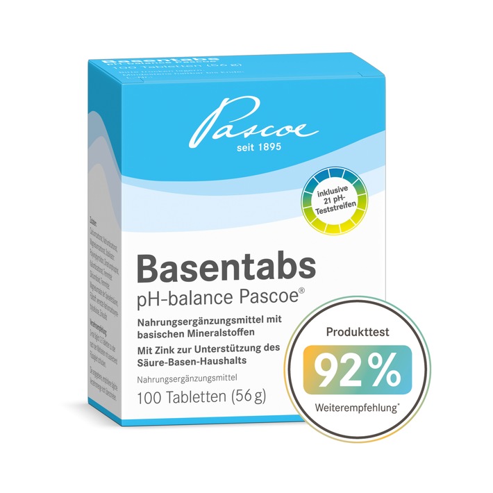 Sehr gute Testergebnisse: 92 % Weiterempfehlungsrate für Basentabs pH-balance Pascoe® / Basentestaktion mit Bild der Frau ein riesen Erfolg