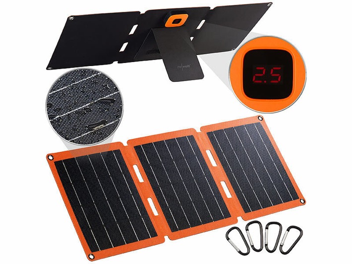 revolt 21-Watt-Solarpanel-Ladegerät, USB-C/-A, je 2,4 A, faltbar, IP65, ETFE: USB-Geräte kostengünstig mit der Kraft der Sonne laden