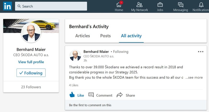 SKODA AUTO Vorstandsvorsitzender Bernhard Maier ab sofort auf LinkedIn aktiv (FOTO)
