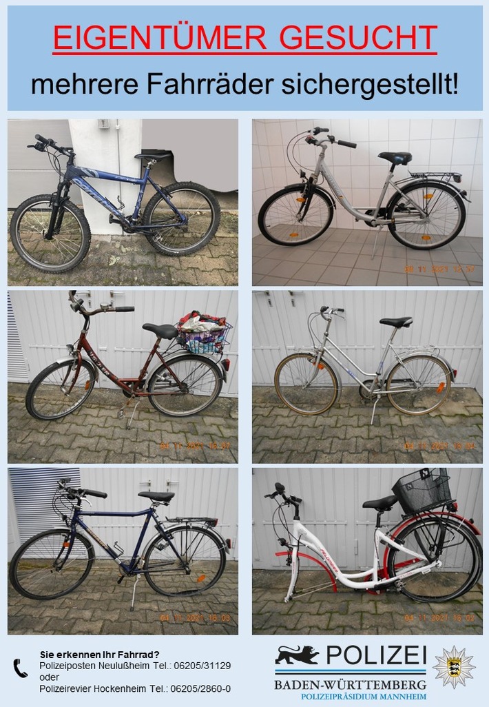 POL-MA: Hockenheim/Neulußheim/Reilingen/Rhein-Neckar-Kreis: Fahrräder bei Durchsuchung sichergestellt - Geschädigte bzw. Eigentümer gesucht