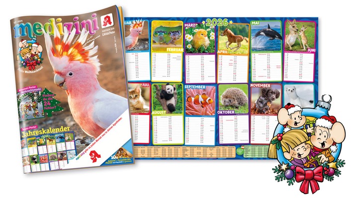 Super-Poster-Jahreskalender 2026, Wimmelspaß auf dem Weihnachtsmarkt und kreative Bastelideen: So vielseitig ist das neue medizini!