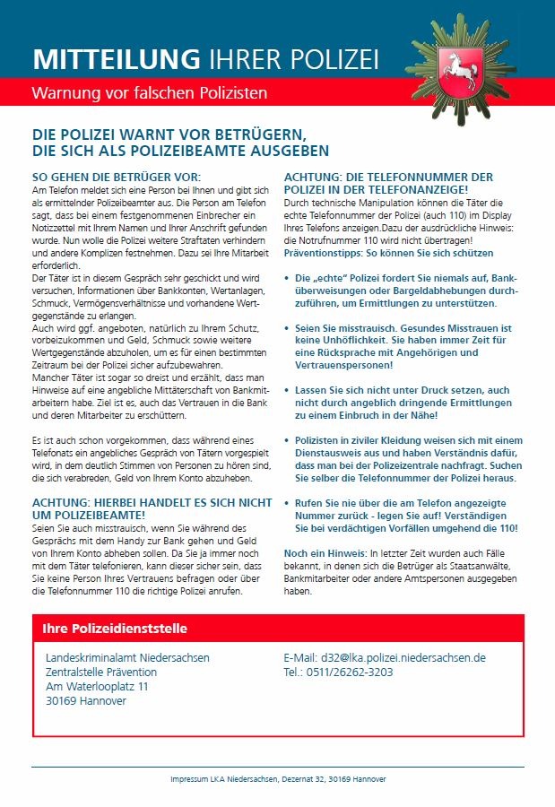 POL-GÖ: (378/2017) Mann aus Rosdorf von falschen Polizeibeamten um Ersparnisse betrogen - mehrere tausend Euro weg