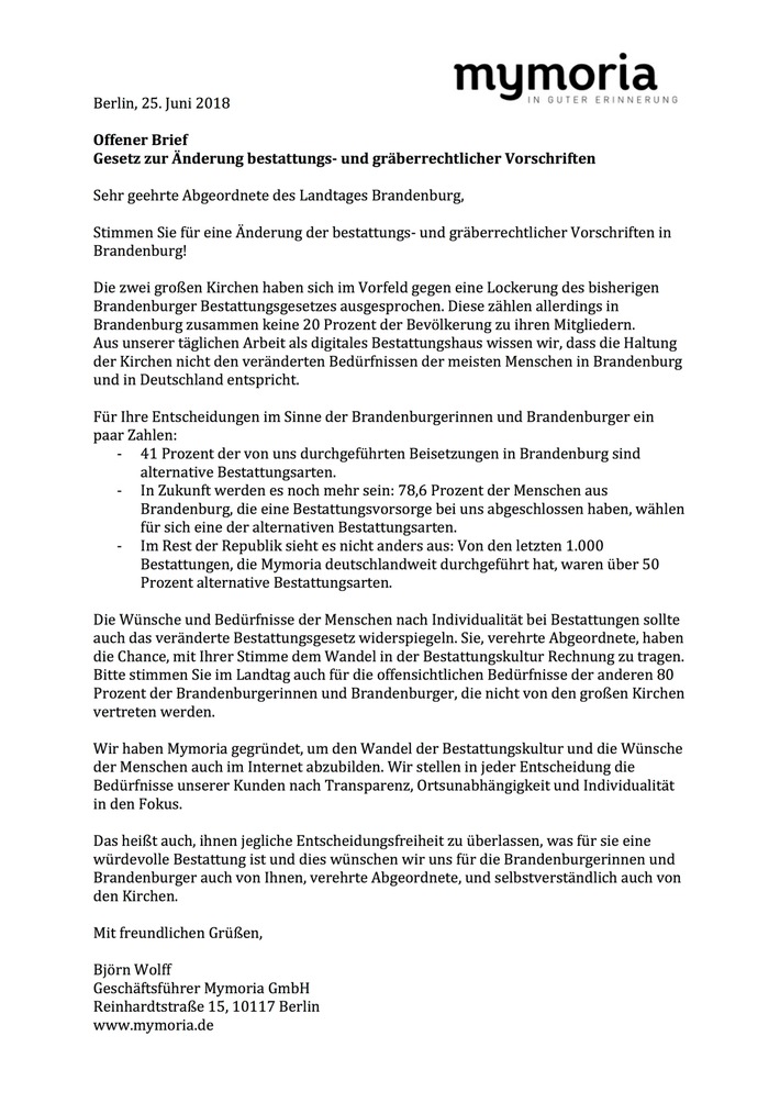 Offener Brief von Mymoria an den Brandenburger Landtag zu Änderungen beim Bestattungsgesetz