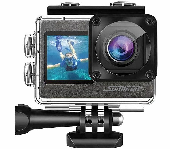 Somikon 6K-Actioncam DV-950.WiFi mit 2 Farbdisplays, WLAN, Bildstabilisierung, Sony-Sensor: Volle Kontrolle durch 2 Displays über die Action-Aufnahmen