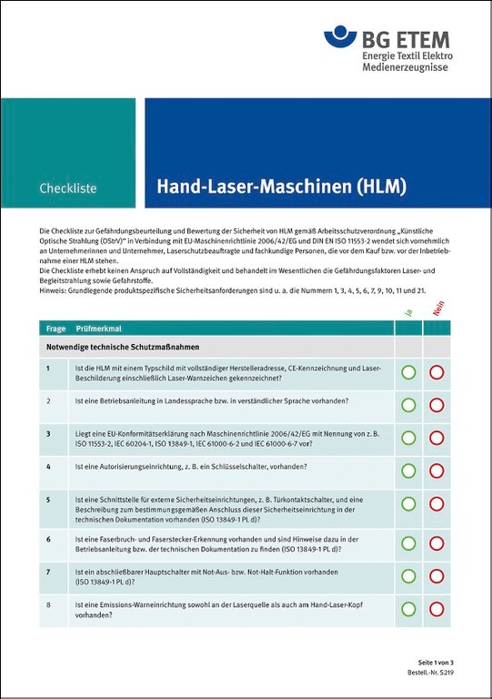 Neue BG ETEM-Checkliste: Hand-Laser-Maschinen