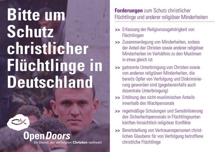 Open Doors startet große Schreibaktion an Bundeskanzlerin / Schutz christlicher Flüchtlinge in deutschen Asylheimen muss Chefsache werden