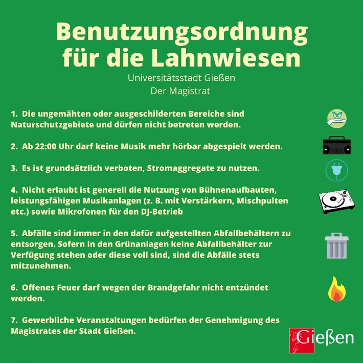 POL-GI: Pressemeldung vom 01.07.2021: Klare Regeln im Bereich der Lahnwiesen in Gießen - Gespräche und Kontrollen angekündigt