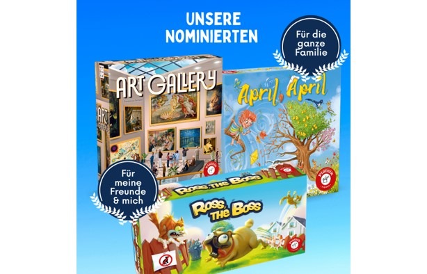 Drei nominierte Piatnik Spiele für den "Deutschen Spielzeugpreis" 2023: April, April - Art Gallery - Ross, the Boss