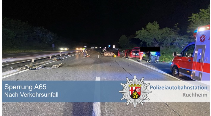 POL-PDNW: Polizeiautobahnstation Ruchheim - Verkehrsunfall auf der A65 Richtung Ludwigshafen bei Dannstadt-Schauernheim. Kurzzeitige Vollsperrung