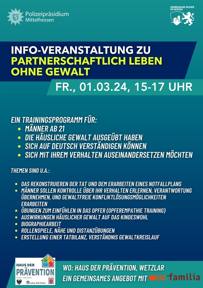 POL-LDK: Partnerschaftlich leben ohne Gewalt - Beratungsstelle &quot;pro familia&quot; stellt Trainingsprogramm im Haus der Prävention in Wetzlar vor