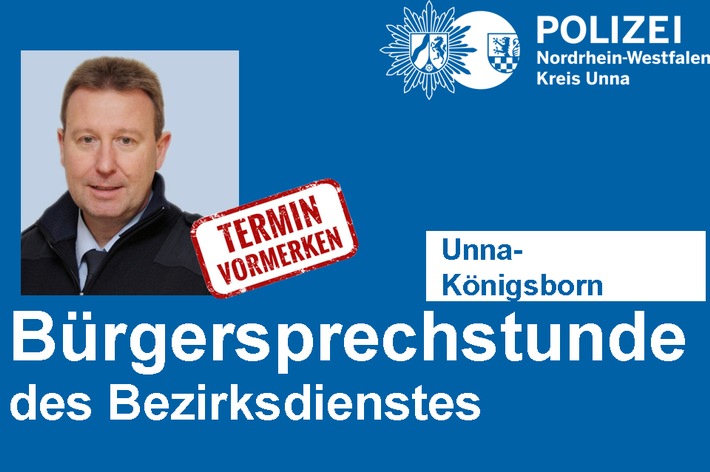 POL-UN: Unna- Bürgersprechstunde des Bezirksdienstes der Polizei in Königsborn
- Bezirksbeamter Horst Kleinert bietet am 27.11.2018 Informationen und Hilfe an