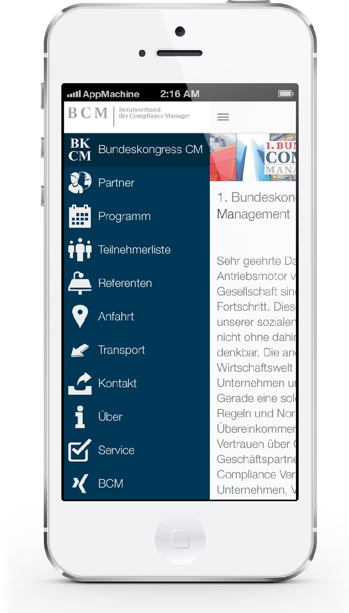 Berufsverband der Compliance Manager (BCM) e.V. und AppMachine stellen gemeinsam offizielle Konferenz-App für den ersten Bundeskongress Compliance Management in Berlin bereit