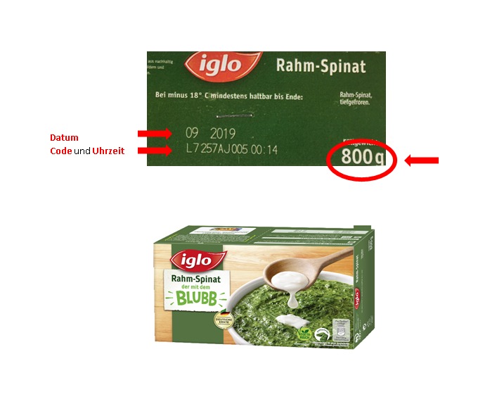 Produktrückruf / iglo ruft vorsorglich "800g-Packung/iglo Rahm-Spinat" zurück (FOTO)