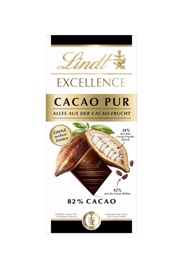 Premiere bei Lindt &amp; Sprüngli: EXCELLENCE CACAO PUR / Purer Cacaogenuss aus 100 Prozent der Cacaofrucht