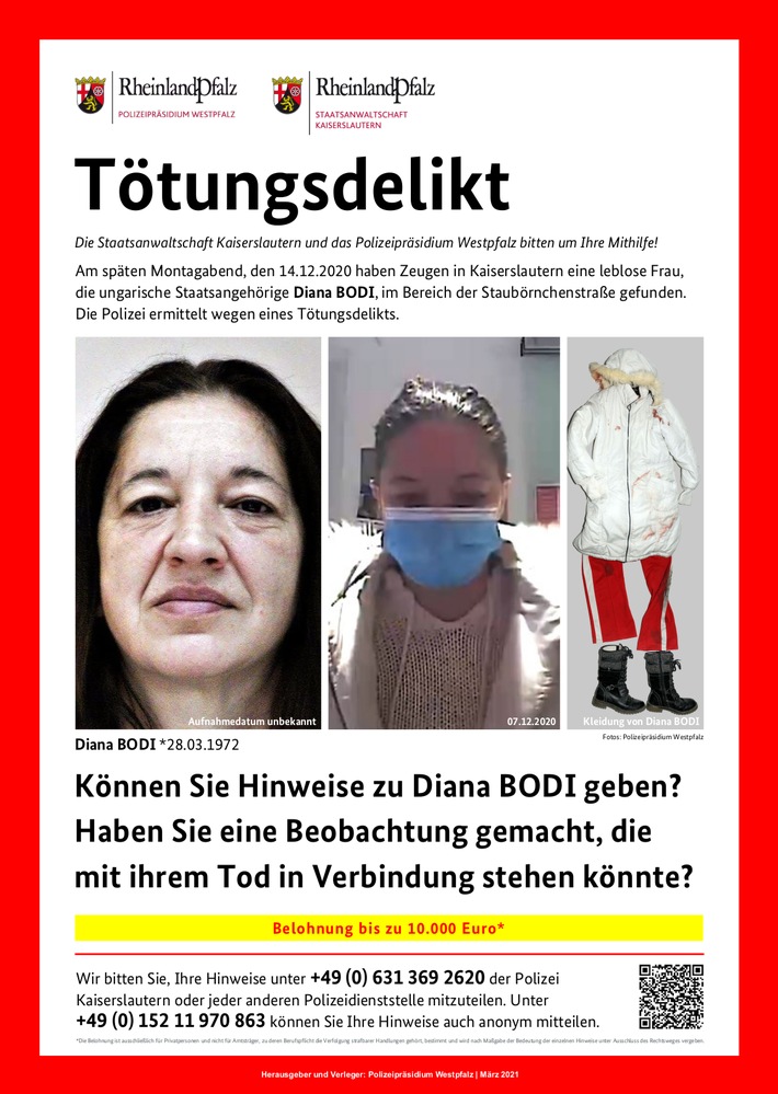 POL-MA: 10.000 Euro Belohnung! Helfen Sie, den Tod von Diana Bodi aufzuklären!